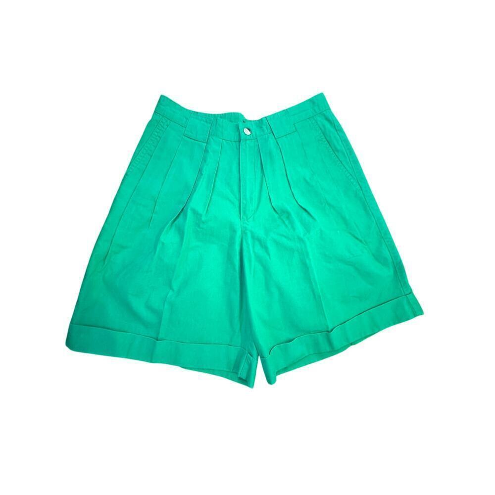 Vintage LizSport Women's Green Wrinkle Free 100% Cotton Pleated Shorts Size 12